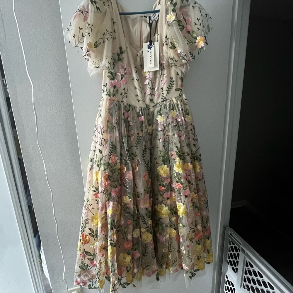 JessaKae Floral Cream Midi Tulle Dress